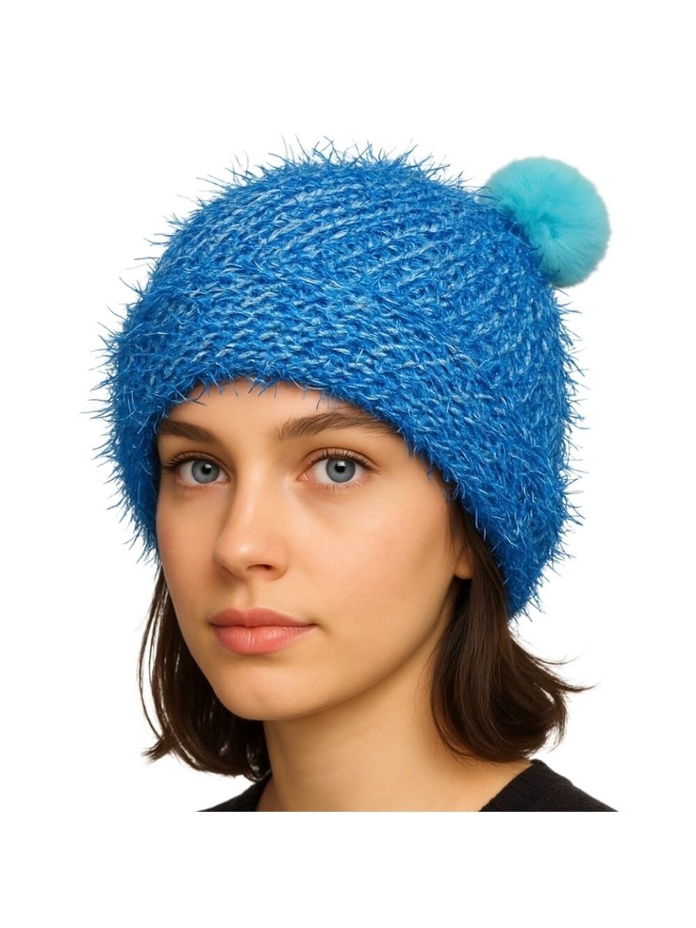 Hand Crafted Bright Blue Fuzzy Knit Beanie Handmade Kids Faux Fur Crochet Hat